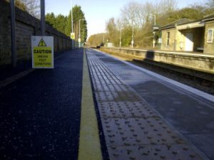 New pavement and textured surface on platforms at Darsham station