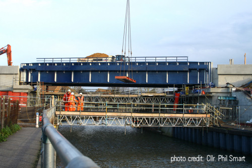 Looking east the new bridge 404 carrying the East Suffolk Line as photographed by Ipswich Cllr. Phil Smart 27/12/13. The bridge was lowered into place the evening before.
