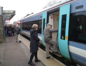Passengers board an Ipswich bound service at Saxmundham