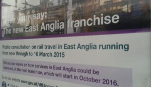 A poster at Ipswich Station displays details of the East Anglia Rail Passenger Franchise Consultation