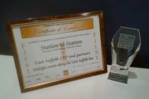 1st Place plaque and award for the East Suffolk Lines Community Rail Partnership at the 2016 national Community Rail Awards