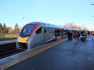 A new bi-mode train at Beccles Monday morning 2 December 2019