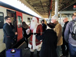 Father Christmas boards the train at Ipswich