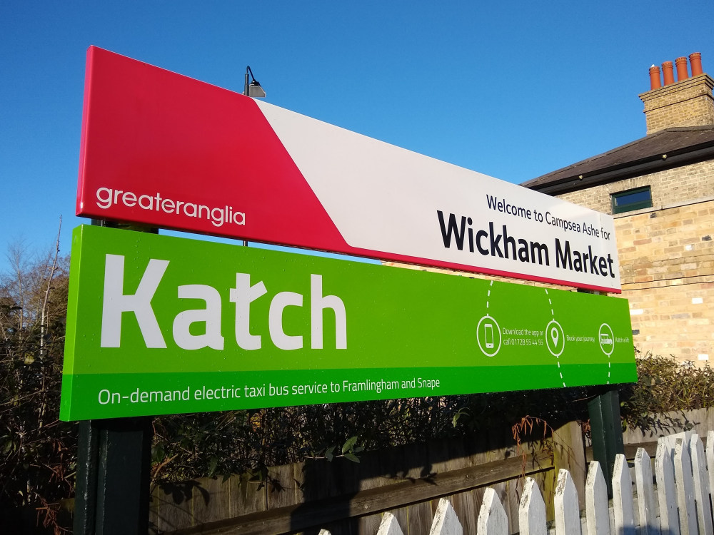 Katch sign at Wickham Market Station December 2021
