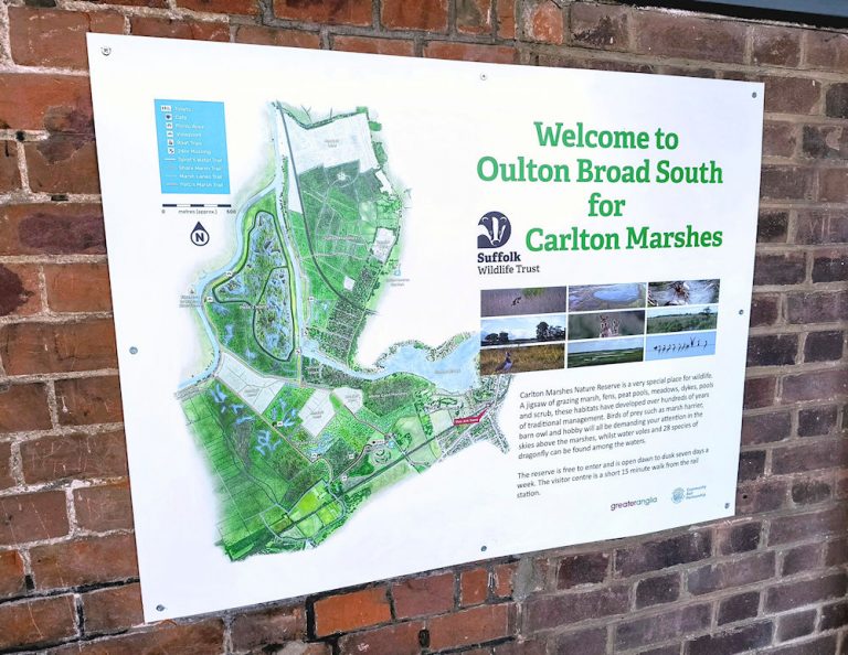 Carlton Marshes sign at Oulton Broad South station