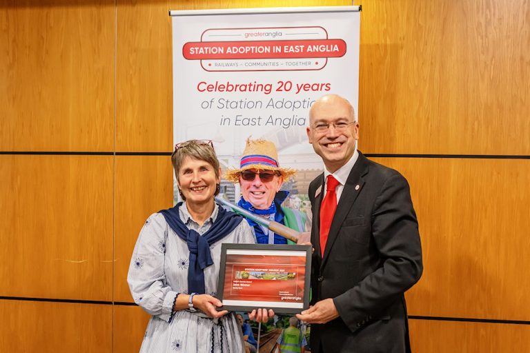 Westerfield station adopter Sandy Burn receiving her award at the 2025 Greater Anglia Station Adopter Awards